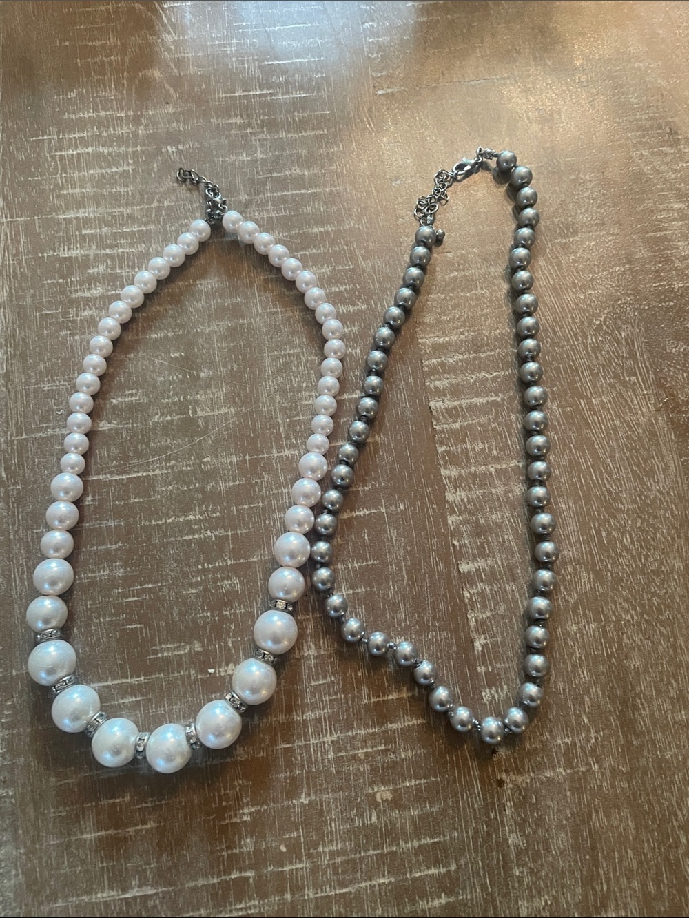 Set of Two Faux Classic Pearl Beaded Necklaces- White & Silver Pearls
